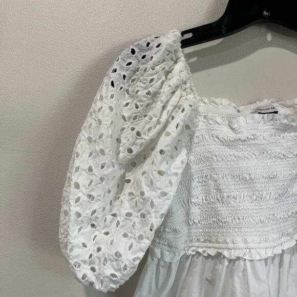 American Eagle Puff Sleeve Babydoll White Eyelet Smocked Blouse Size S - Picture 3 of 6